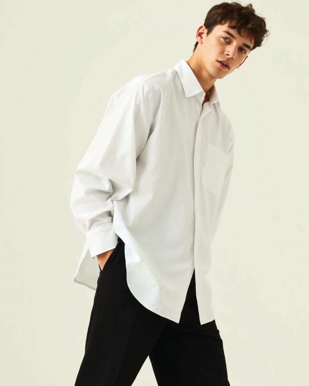 Homme portant une chemise oversize blanche et un pantalon noir