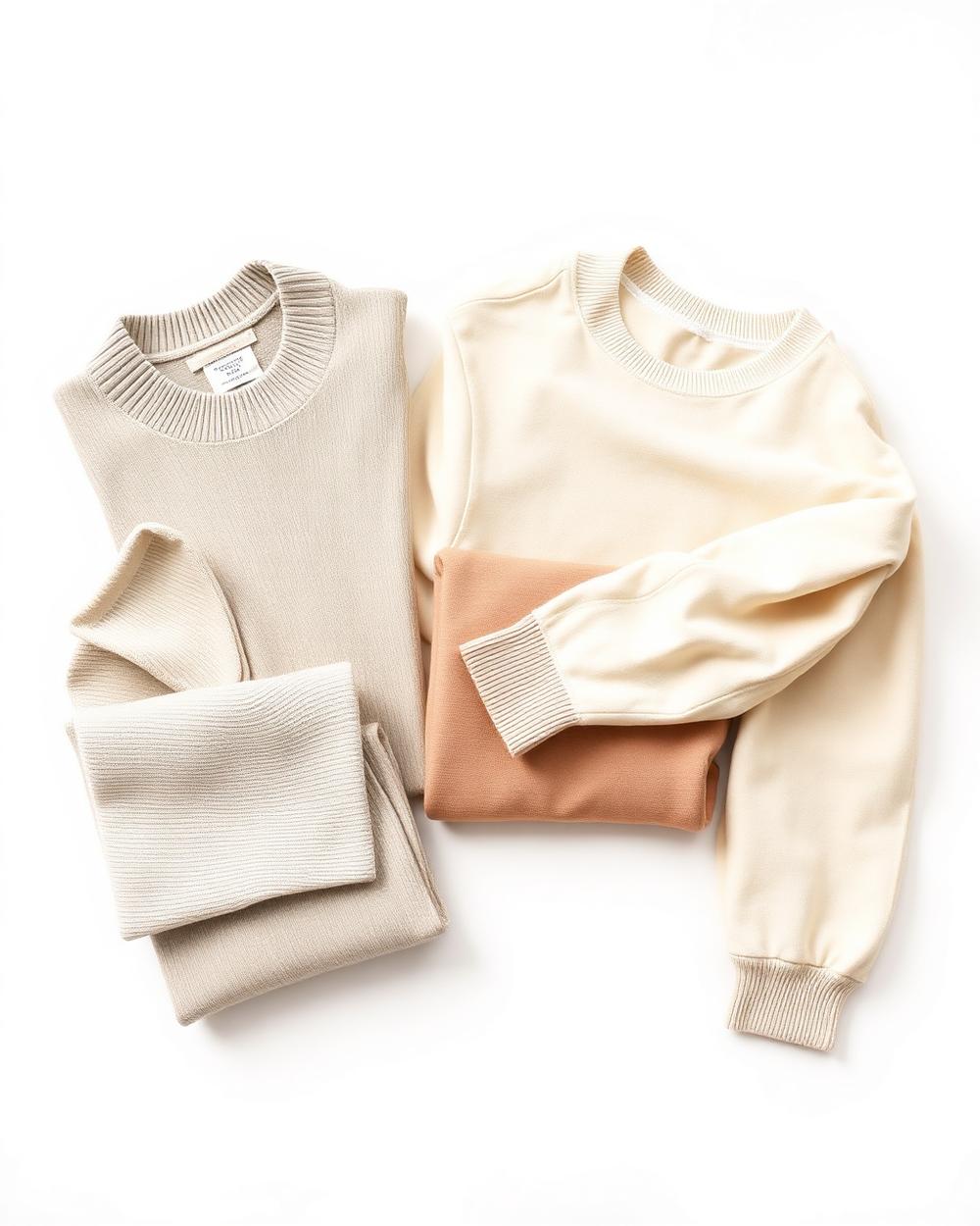 Sélection de vêtements essentiels pliés dans des tons neutres