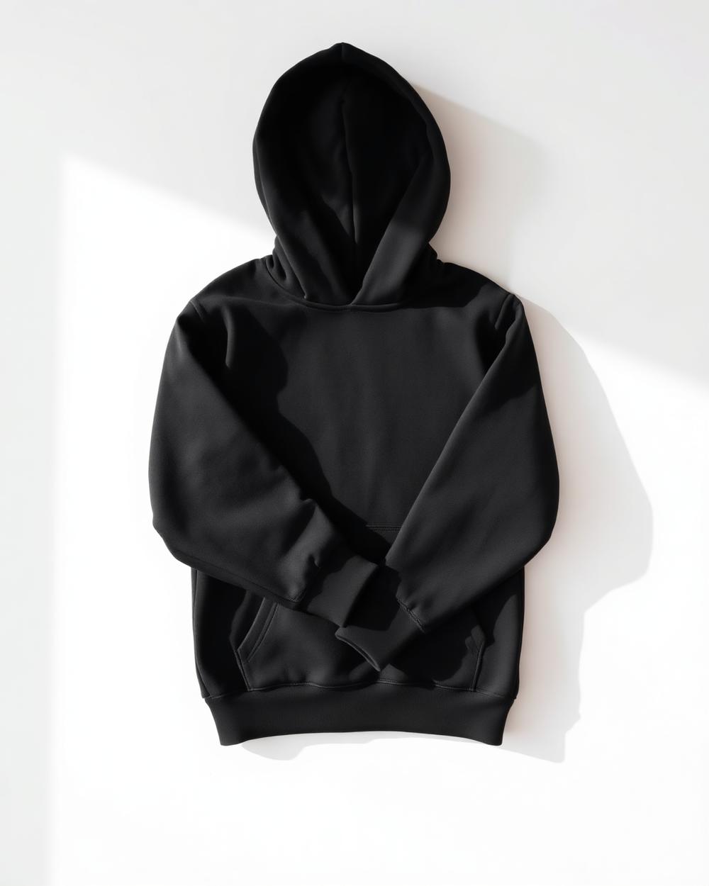 Hoodie noir minimal posé à plat sur fond clair