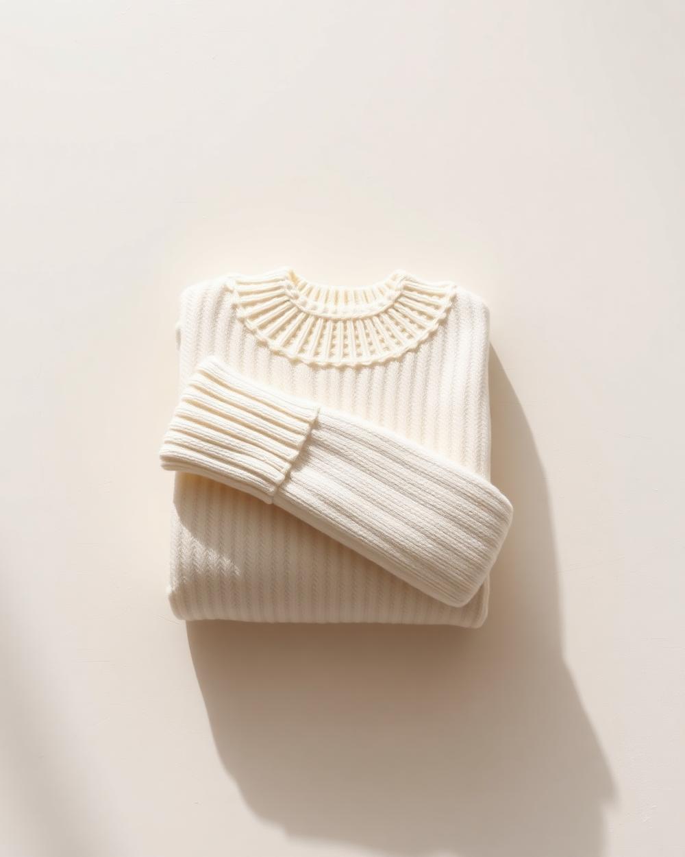 Pull en maille ivoire plié sur fond blanc cassé
