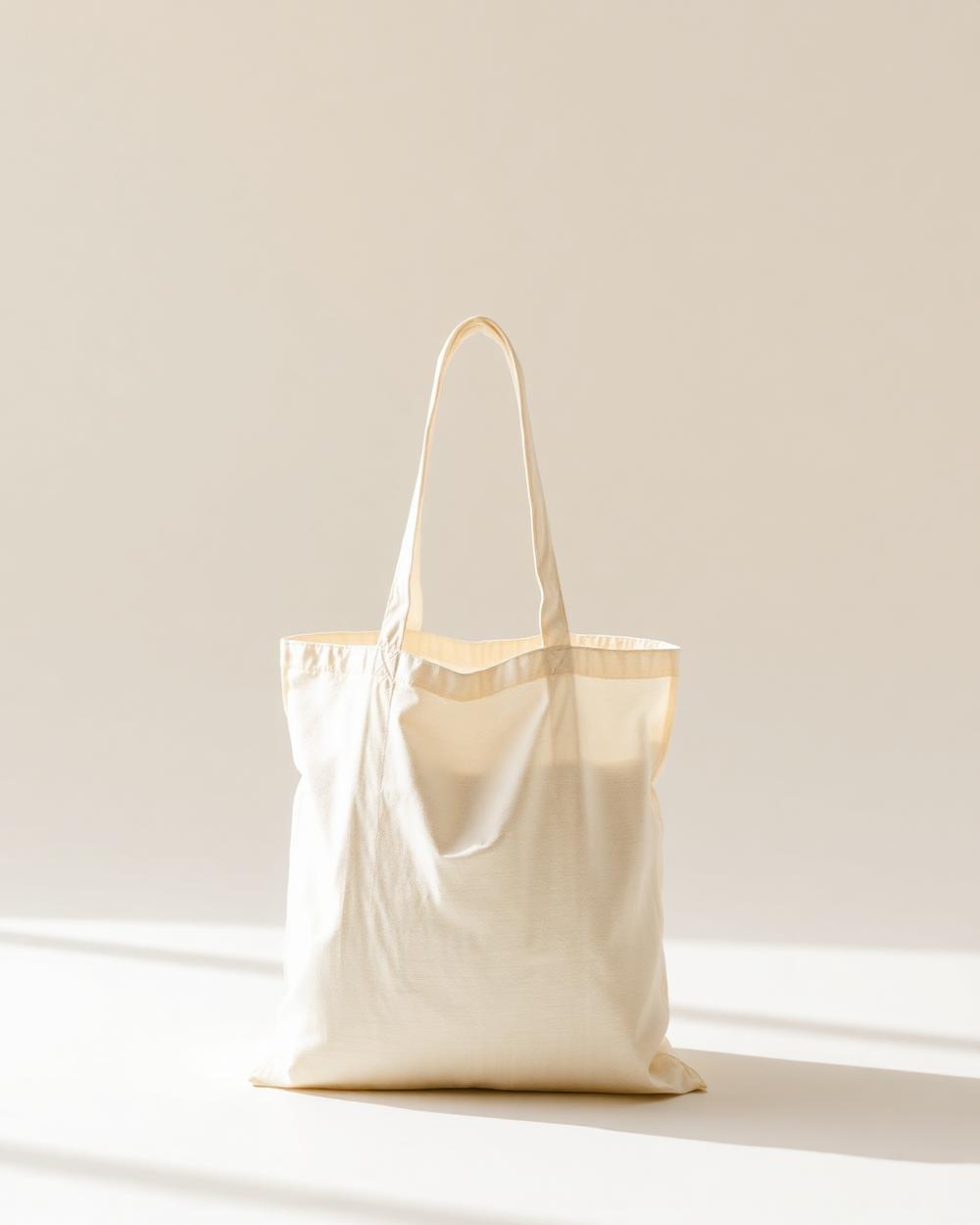 Tote bag en coton naturel posé sur fond blanc cassé