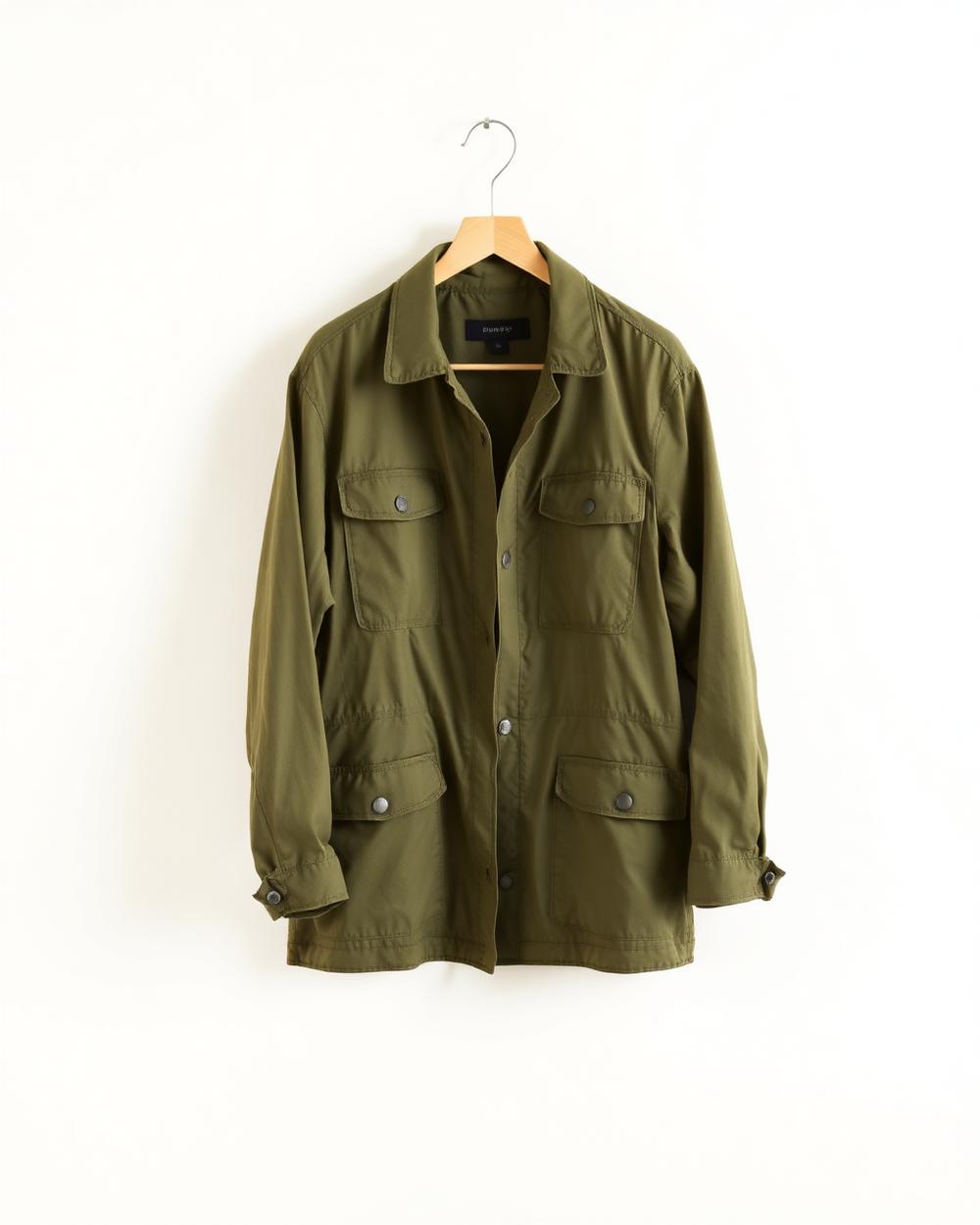 Veste légère olive sur cintre devant un fond blanc cassé